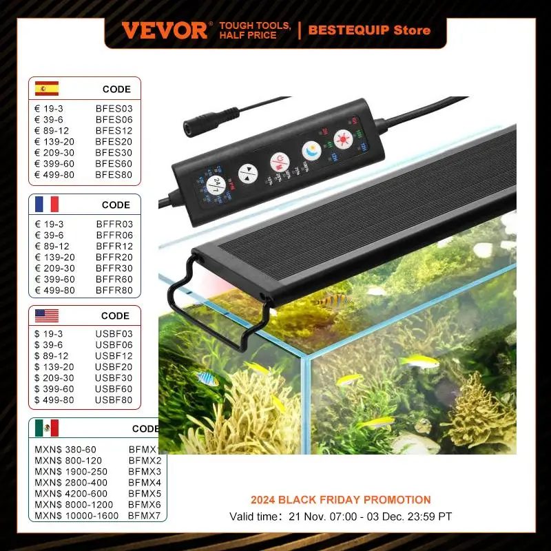 VEVOR Aquarium Light Full Spectrum Fish Tank Light with Natural Mode Adjustable Timer & 5-Level Brightness Extendable Brackets