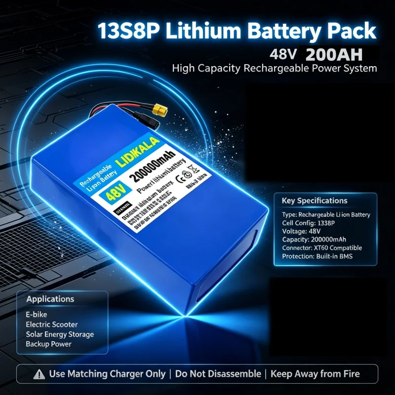 Pacco batteria agli ioni di litio 13s8p 48V 200ah, batteria elettrica 48V 1500W, BMS integrato