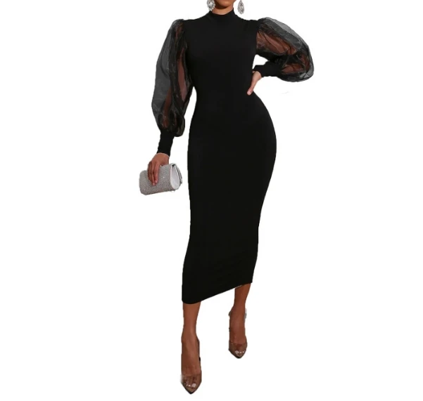 Celebrity Style Long Dress Black for Women 2024 Summer Medium Length Skirt Elegant Sexy Bubble Sleeves High Waist Pencil Skirt