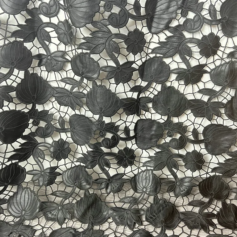 High-end PU laser embroidered fabric black floral hollow-out material leather embroidery for clothing decor hand sewing material