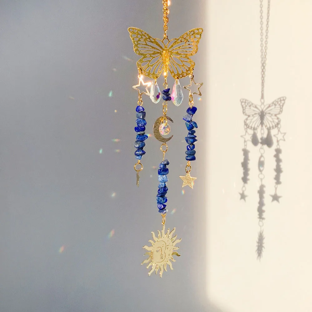 Custom Lapis Lazuli Chip Stone Butterfly Sun Catcher - Glass Pendants Hanging Ornament for Window Decor