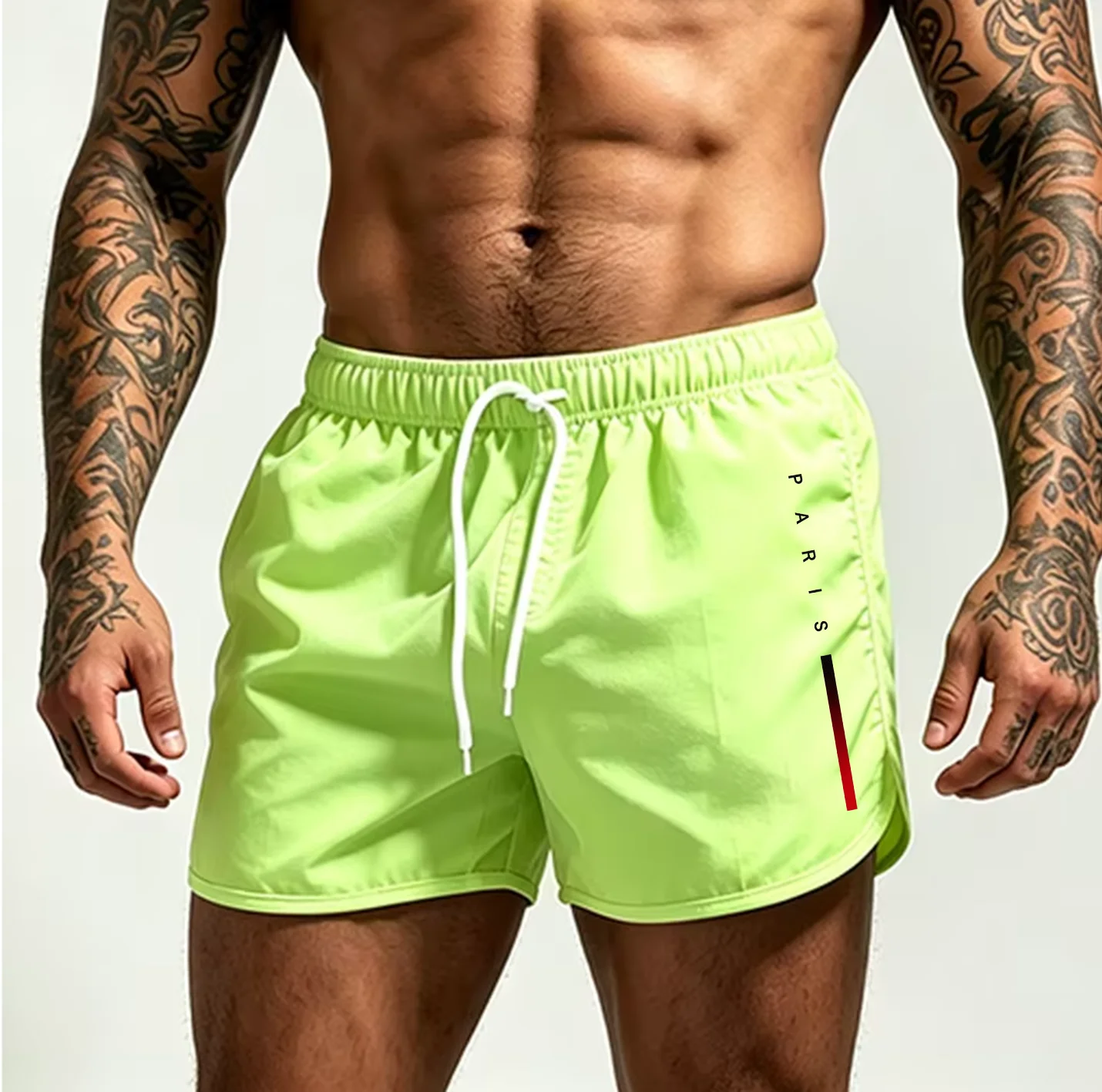 Men Quick Dry Beach Shorts Minimal Vertical PARIS Gradient Stripe Print Elastic Drawstring Split Hem Summer Surf Swim Board Trun
