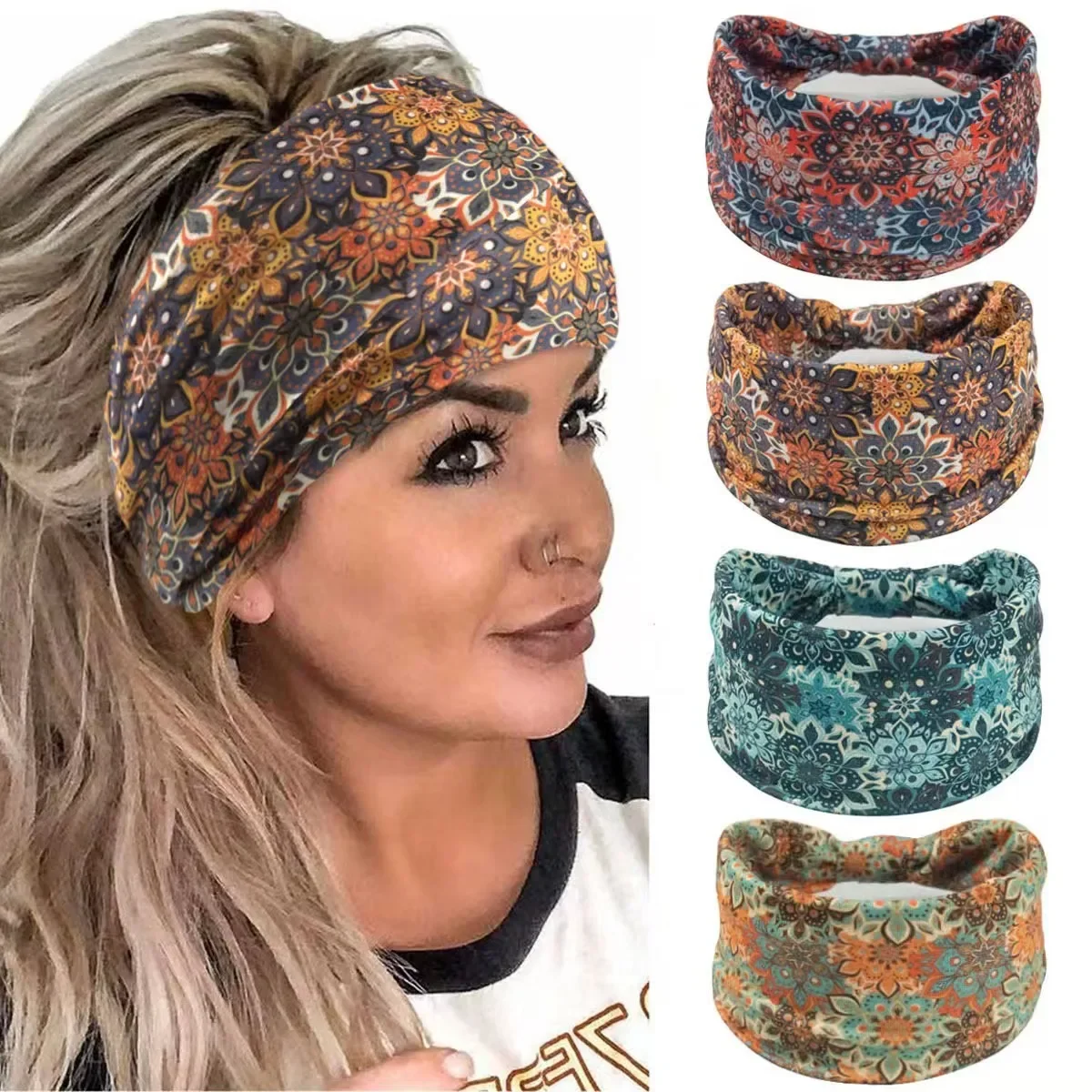 🌸Boho Mandala Flower Headband | Wide Brim Stretch Bandeau | Women's Bohemian Hair Band | Yoga Festival Hair Accessory