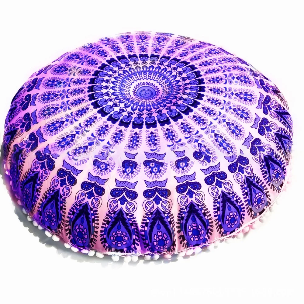 Handicraft Polyester Floor Pillow Cover Blue Diameter 80cm Pouf Cover Bohemian Floor Pillow Yoga Meditation