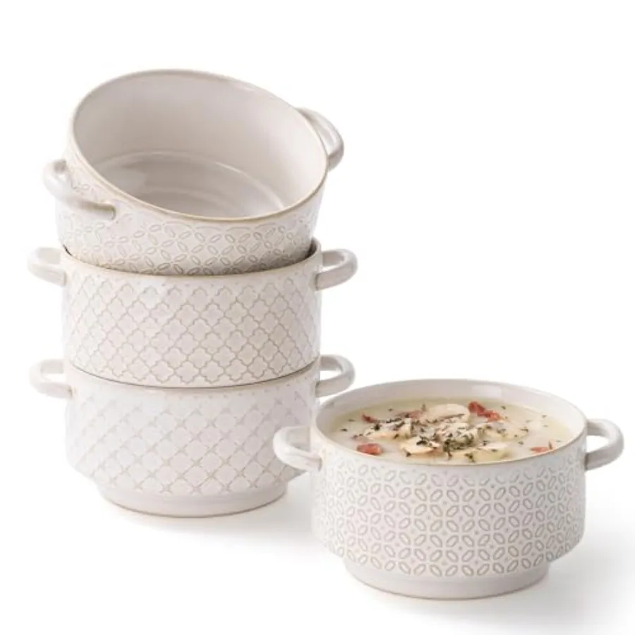 

Soup Bowls with Handles, Oven Safe French Onion Soup Bowls, 26 oz Large Soup Bowl for Chilli, Beef Stew, Ceramic Soup Crocks Se