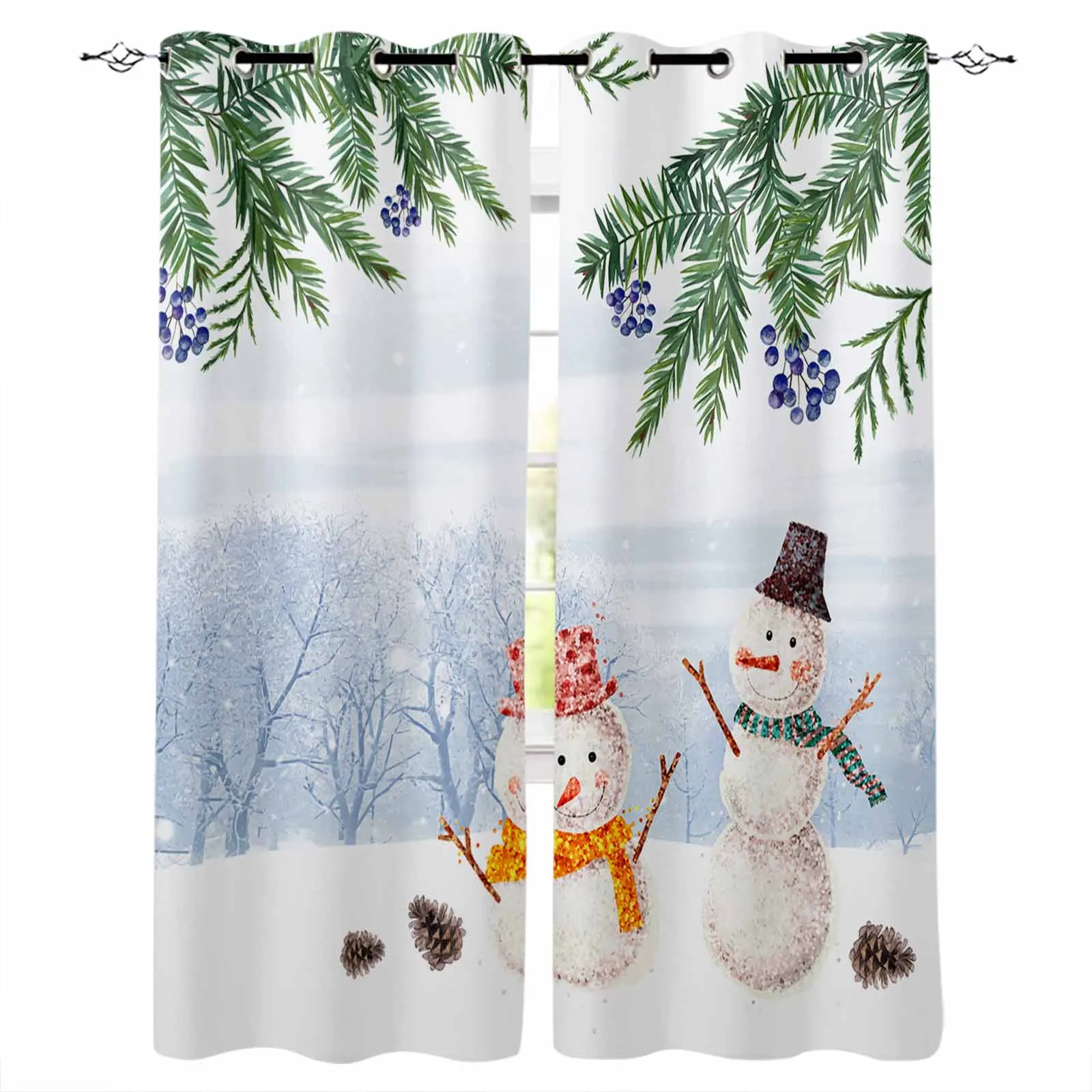 Christmas Plants Pine Berries Pinecone Snowman Blackout Curtains For Living Room Bedroom Window Treatment Blinds Drapes