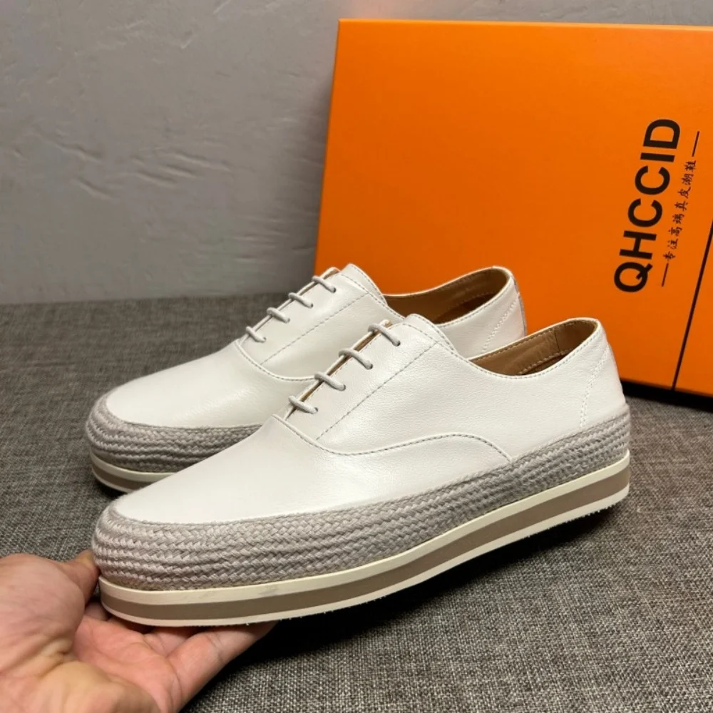 

Summer new style men's leather white sneakers for men, breathable and fashionable low-top trendy shoes, men's lace-up casual boa