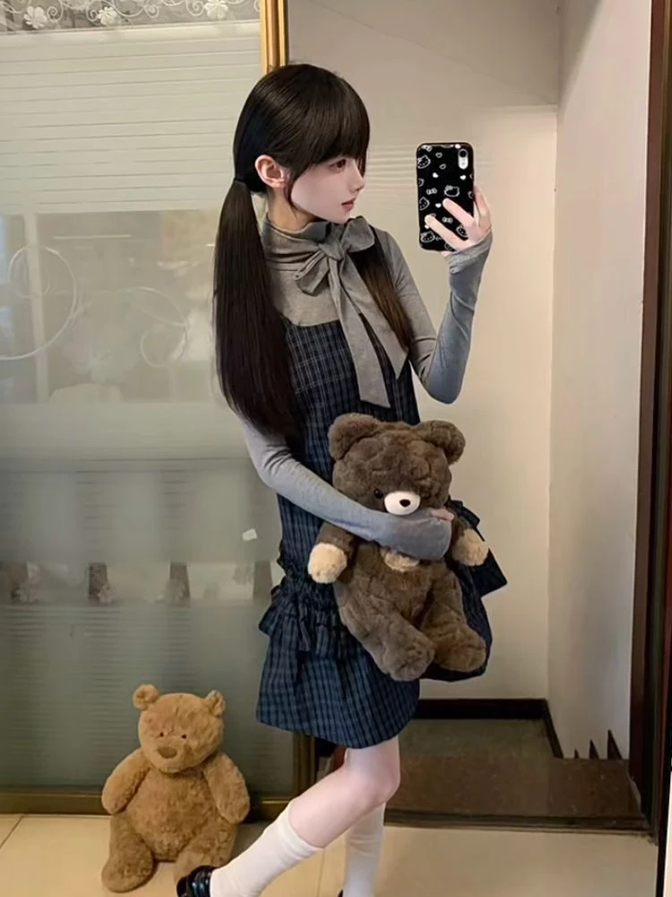 Conjunto de Dos Piezas de Vestido con Tirantes a Cuadros Estilo Coreano y Cseta Básica, Conjunto de Falda Entallada de Mod...