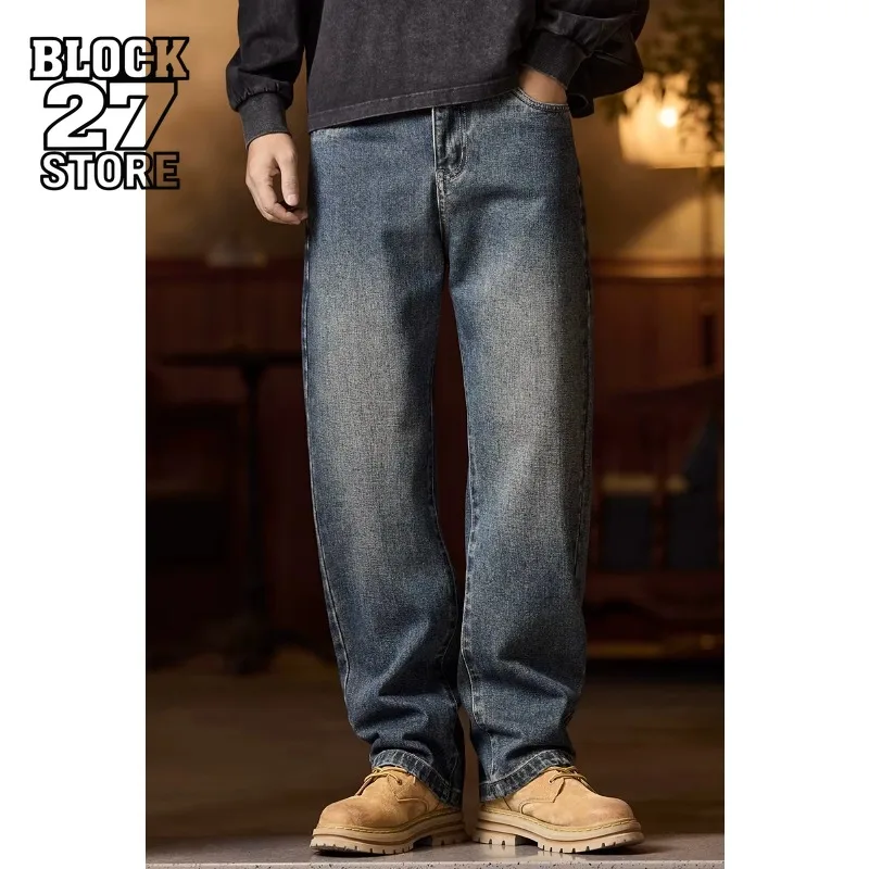 

Harajuku Мужские джинсы с эластичной резинкой на талии Свободный крой Джинсовые брюки Синие повседневные прямые джинсы на молнии с застежкой на пуговицы Осень Зима Новые