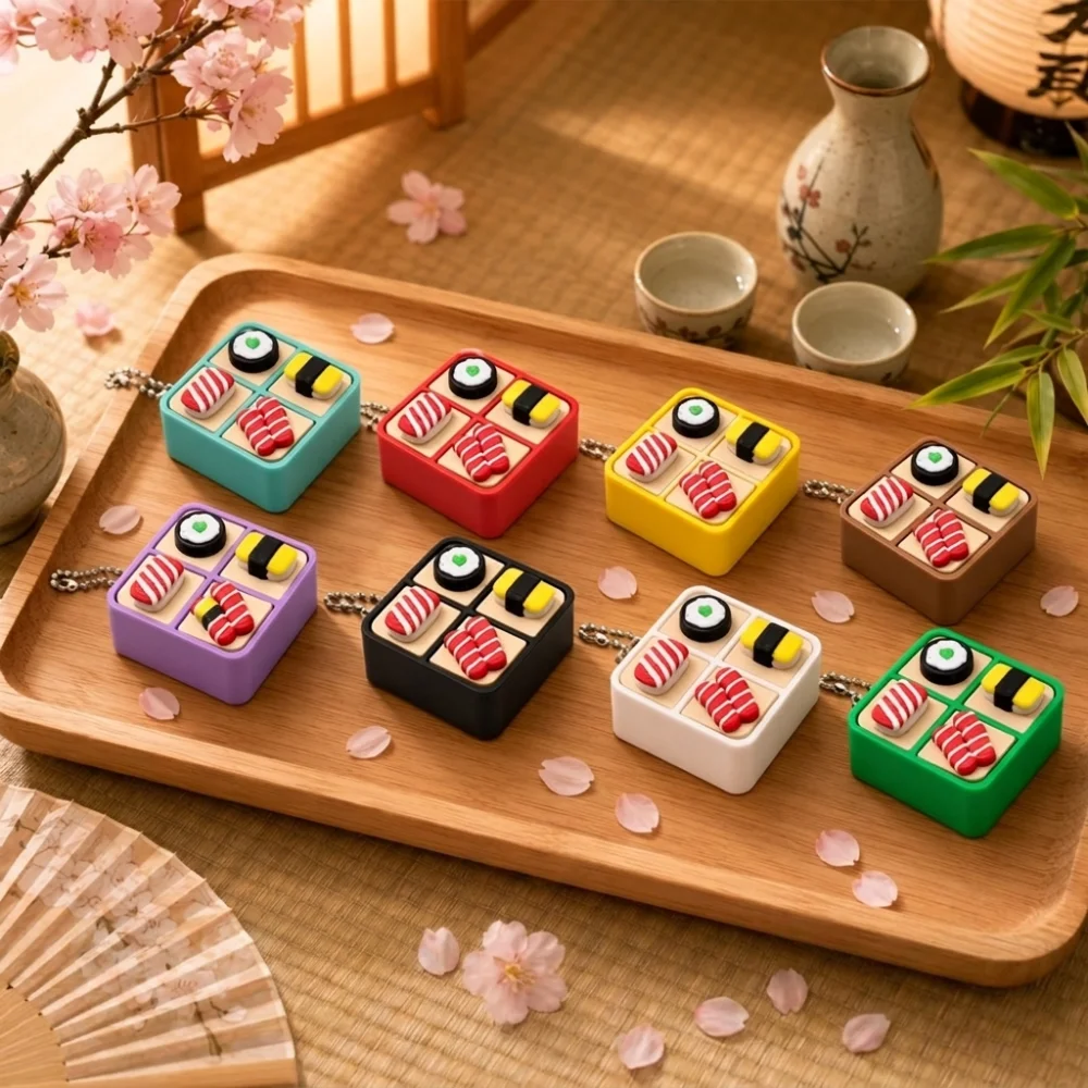 3D Printed Sushi Box Fidget Clicker Keychain Japanese Food Style Crisp Click 4 Grid Box Fidget Pendant Cartoon Mechanical Switch
