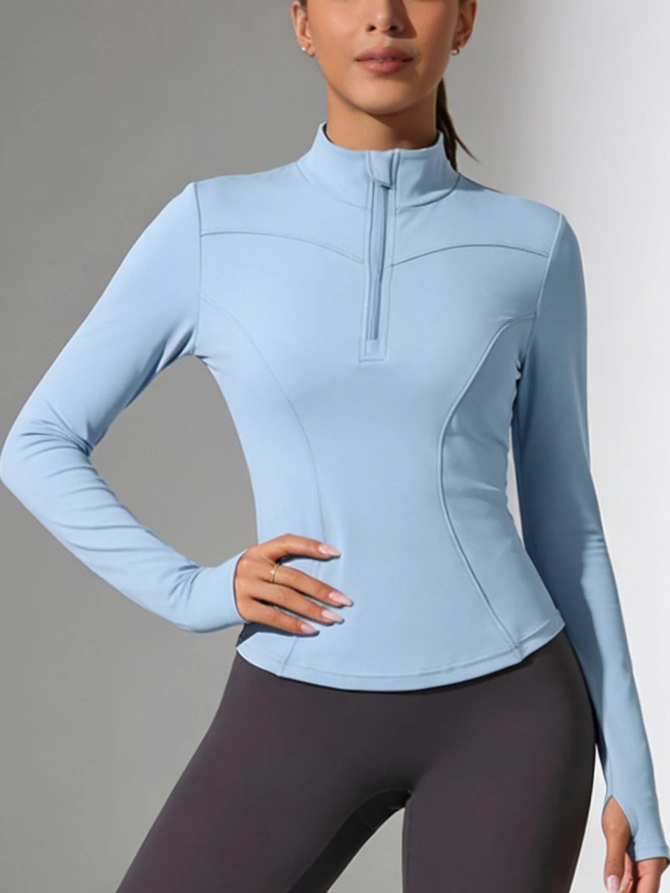 Women Slim Fit Half Zip Long Sleeve Yoga Top Light Blue Stand Collar Athletic Shirt with Thumb Holes Quick Dry for Running