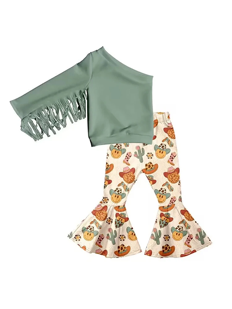 Wholesale girls western set kids clothes tassel cowboys bell bottom pants sets toddler cactus outfits