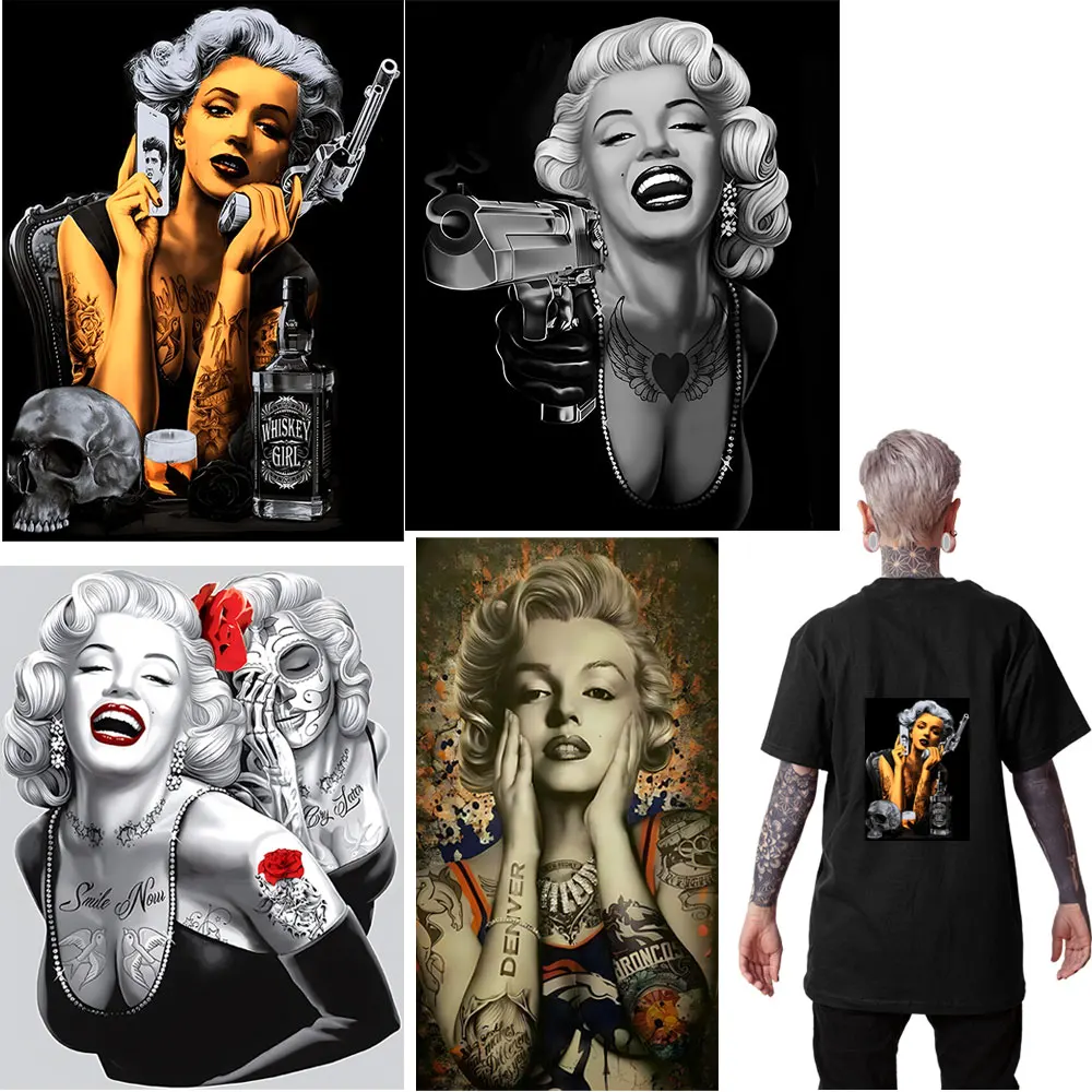 Monroe Punk Style Iron On Patches Heat Transfer Thermal Stickers For Clothing DIY T-Shirt Decals Patches Clothes Bags Stripes