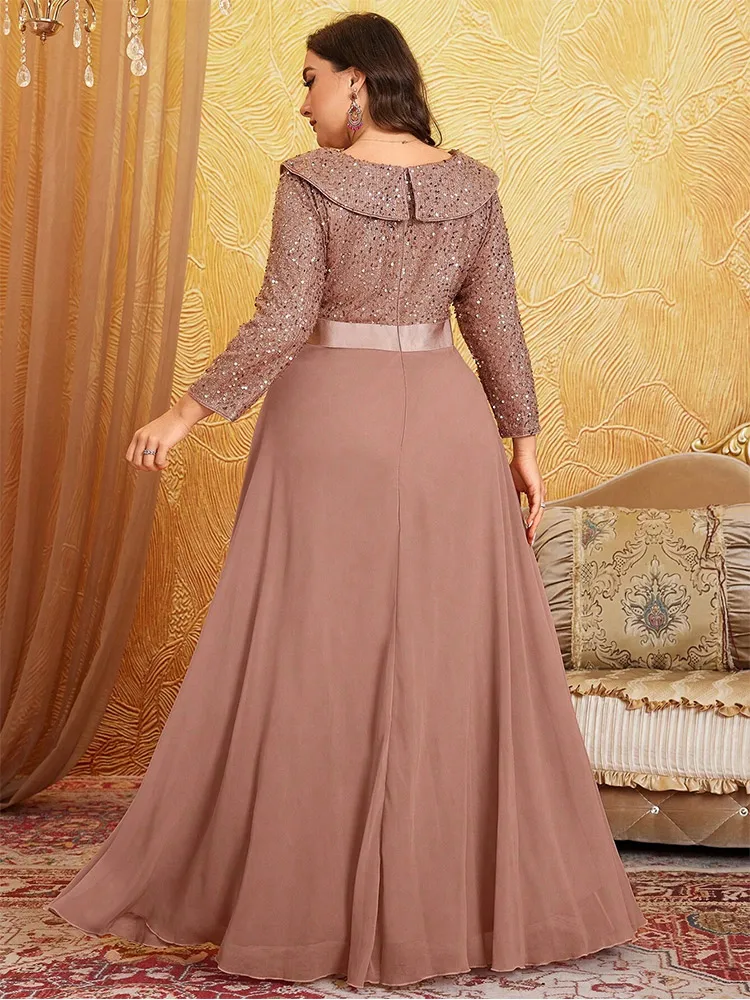 Plus Size V Neck Sequined Long Sleeve Luxurious Chiffon Evening Gown 2024 Big Size Apricot Sequin Banquet Evening Gown Women