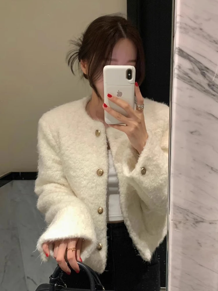 

Chic Metal Button Loose Cotton Woolen ort Coat for Women round Ne Warm Winter Outerwear Commute Sle Single Piece