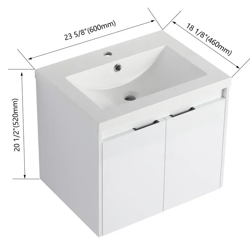 حوض استحمام مقاس 24 بوصة مع حوض من الراتنج، بابين مغلقين ناعمًا، تصميم عائم، لمسة نهائية بيضاء لامعة، تعبئة KD #2