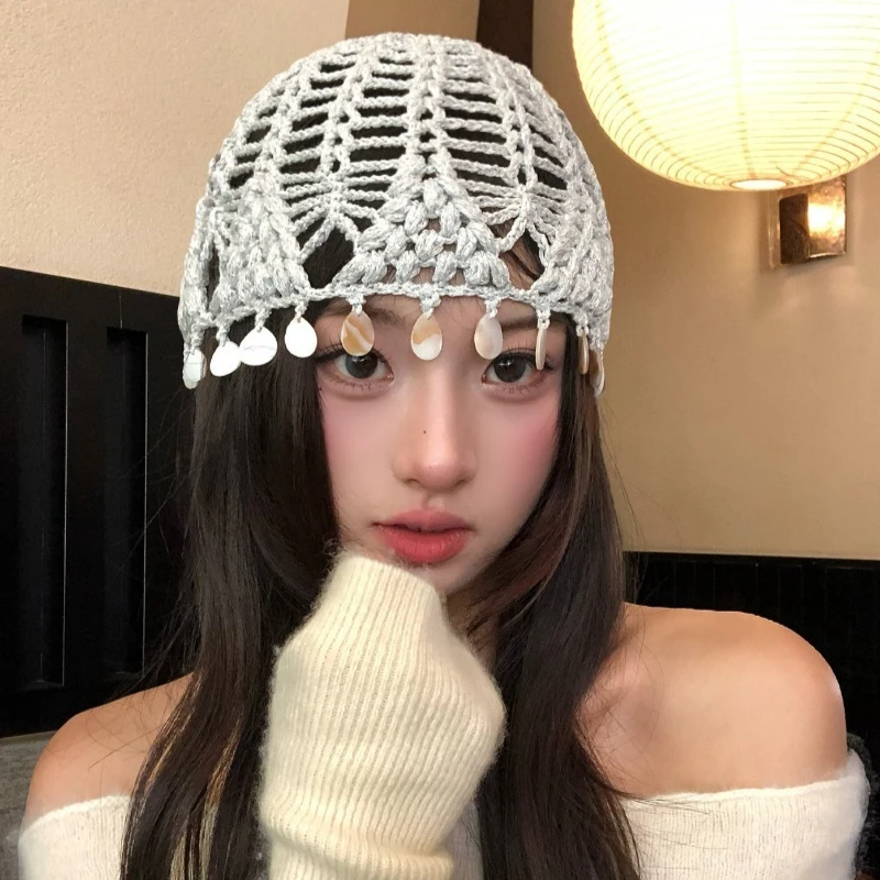 Koreanische Neue Mütze mit Muschel-Quasten-Design, Strickmütze, Herbst, handgefertigt, gehäkelt, hohles Netz, atmungsaktive Beanie-Mützen für Damen – Detail 2