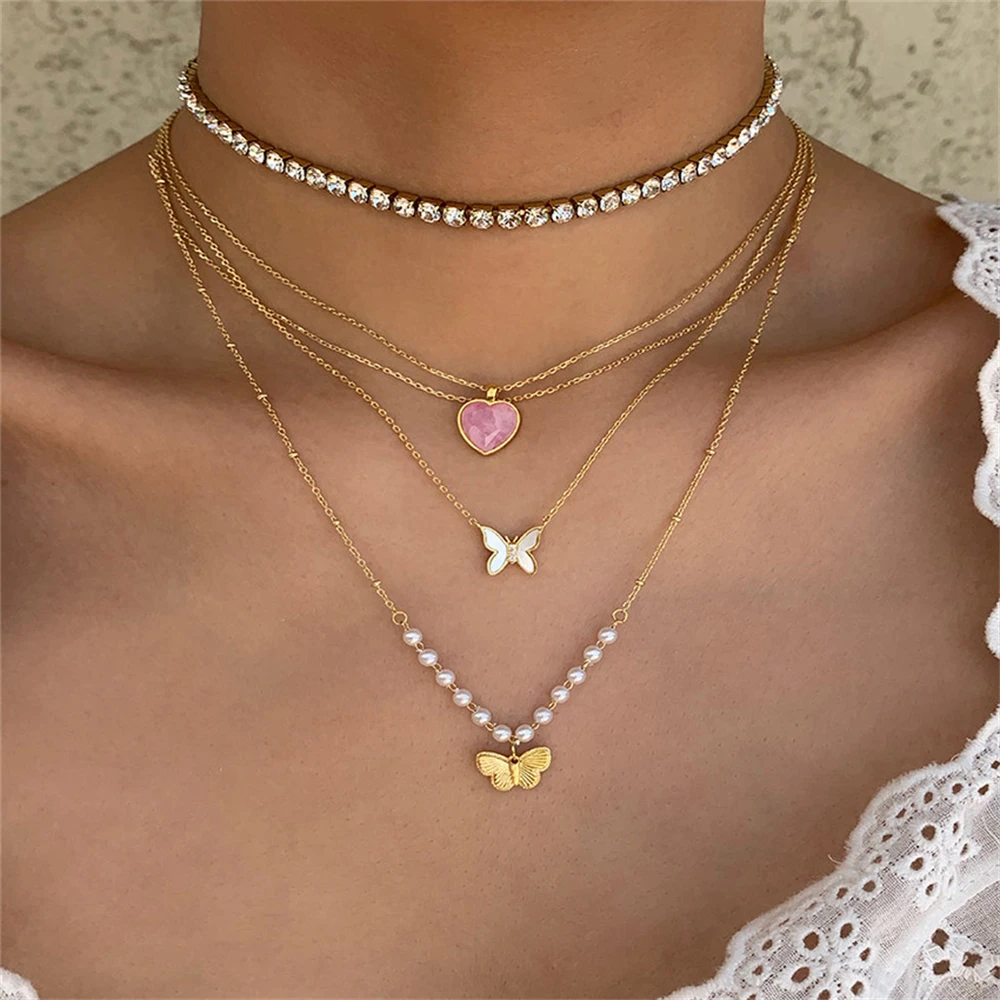 Gold Color Chain Natural Shell Butterfly Necklace Jewelry Gifts for Wife Girlfriend Mom Mother of Pearl Crystal Choker Necklace