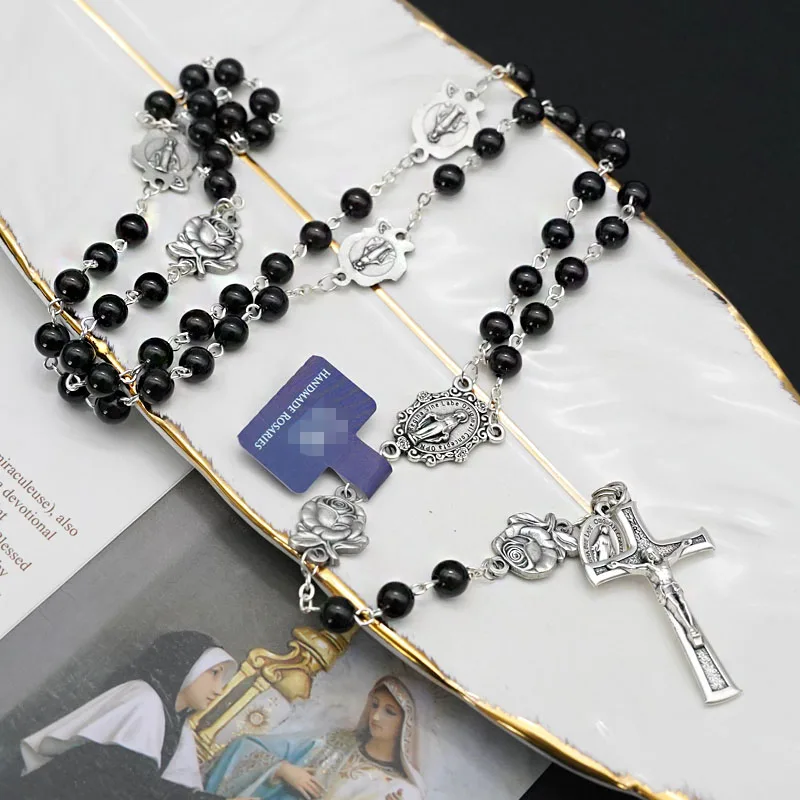 Red Black Natural Agate Cross Pendant Necklace for Women Men Rosary Bracelet Our Lady Catholic Christianity Fashion Jewelry Gift