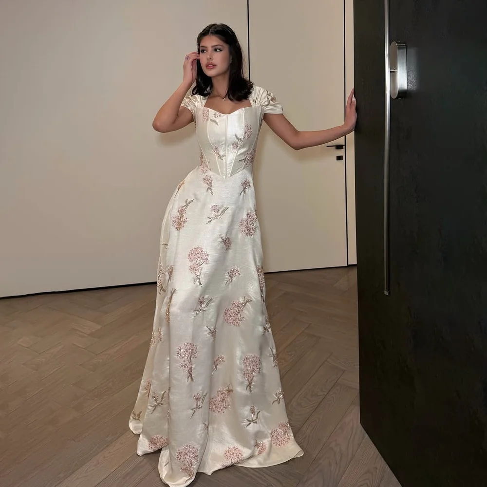Customized Sweetheart Puff Sleeve Mother Of The Bride Gown Ivory Satin Pink Flower Embroidery Long A Line Evening Gown