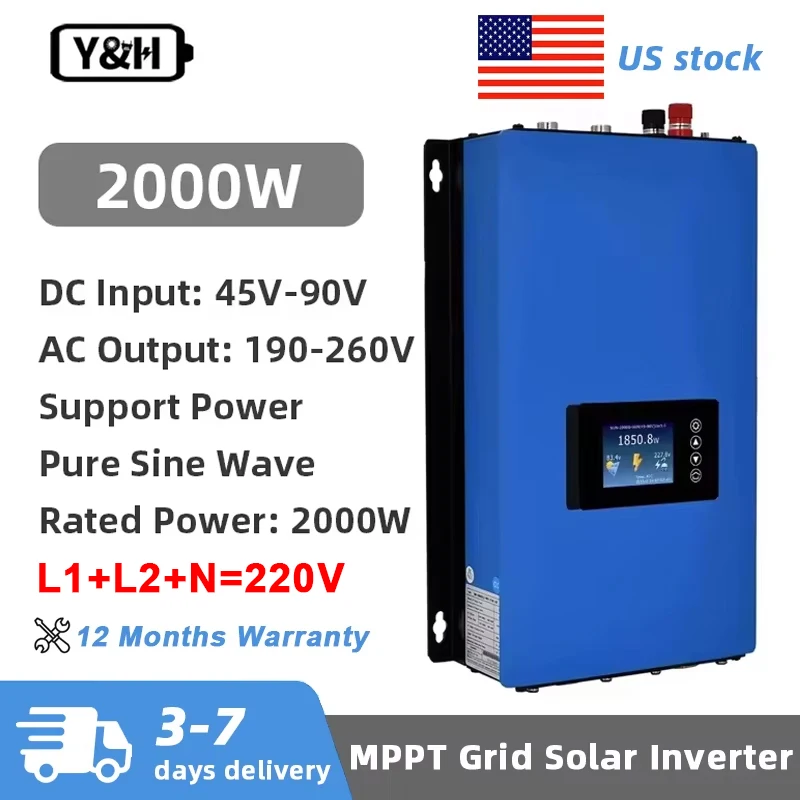 Y&H 2000W MPPT Solar Grid Tie Inverter 45-90Vdc 190-260Vac With Limiter Sensor 60V 72V Battery Support WiFi Communication