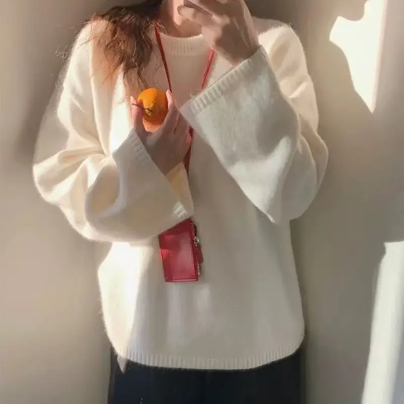 Women's Long Sleeve Top Comfortable Casual Knitted Extra Soft Oversized Lazy Style round Neck Knitwear Loose Fit Big Version