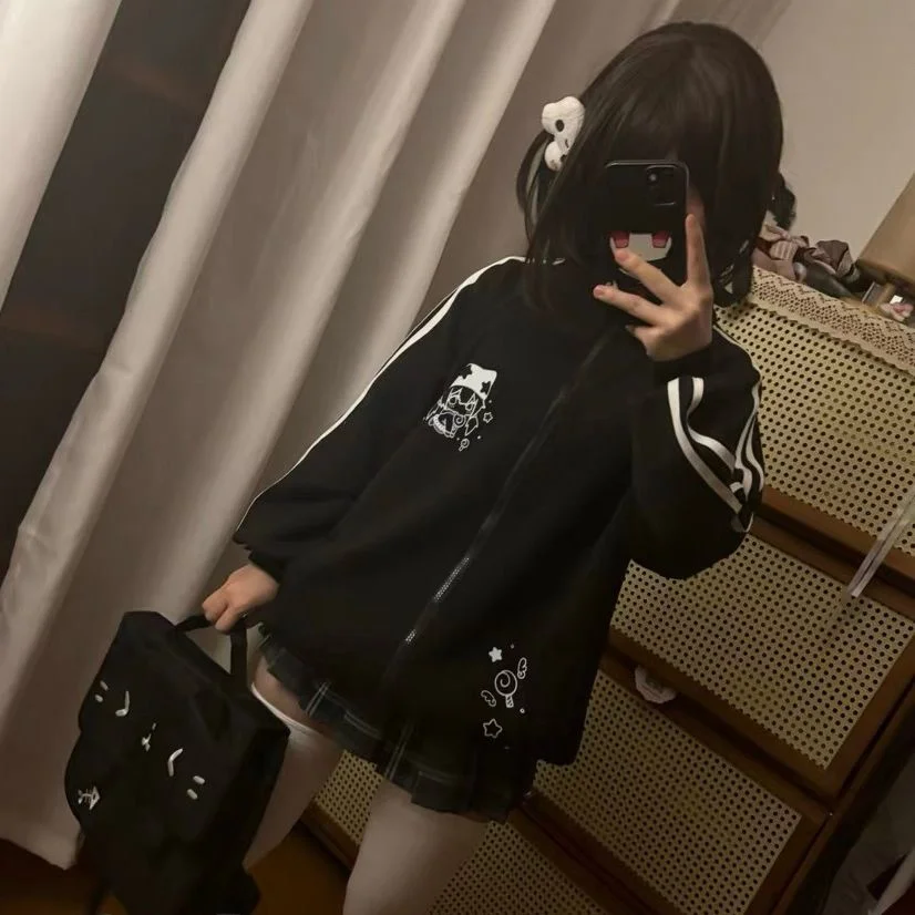 Cute Soft Girl Y2K Japanese Style Long Sleeve Sports Casual Outerwear Patchwork Color Princess Style Fleece Lined Zipper Jacket