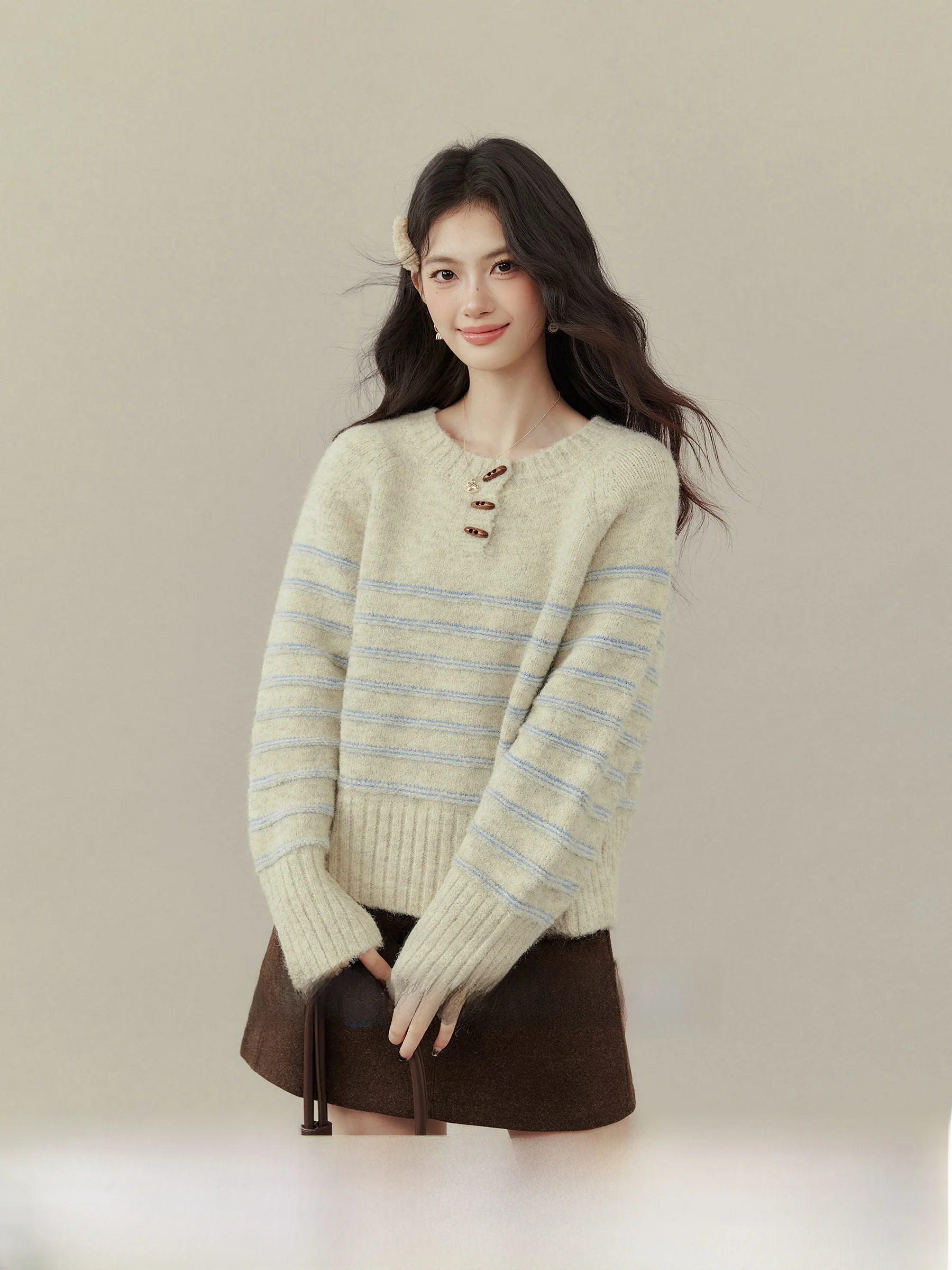

Slim Fit Striped round Ne Knitwear for plus Size Women Color Blo Casual Sle Long Sve Inner Wear by Wang Wei