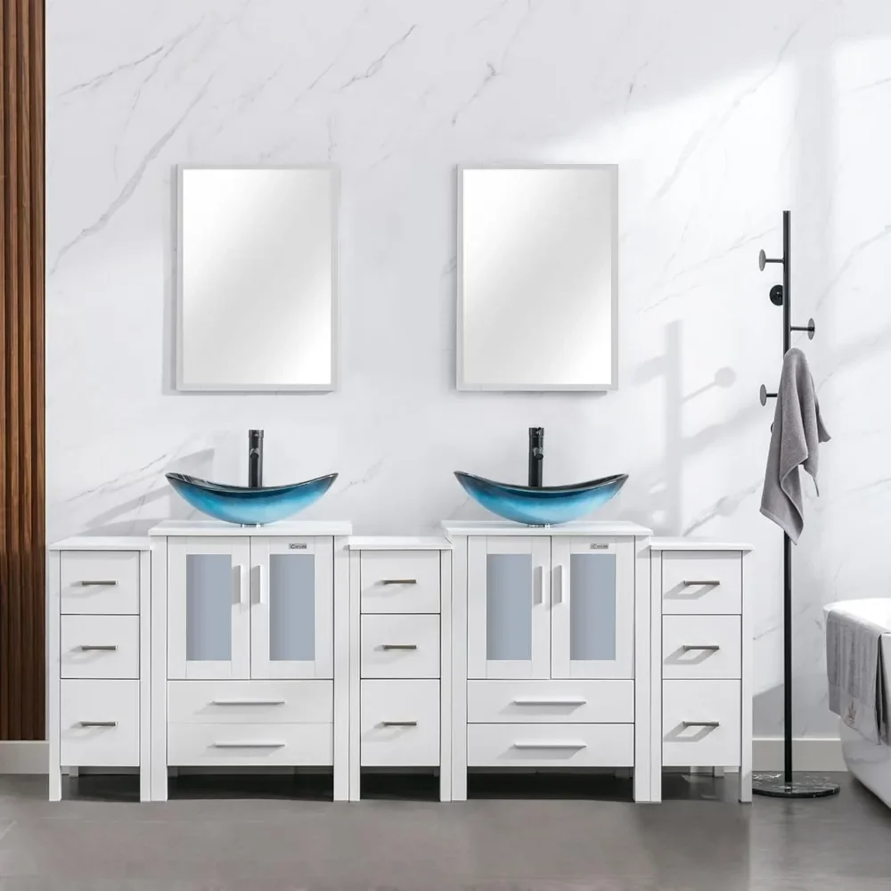 

84" Modern Bathroom Vanity Sink Combo White W/Small Side Cabinets Blue Boat Glass Vessel Sink & Water Save Faucet & Pop Up Drain