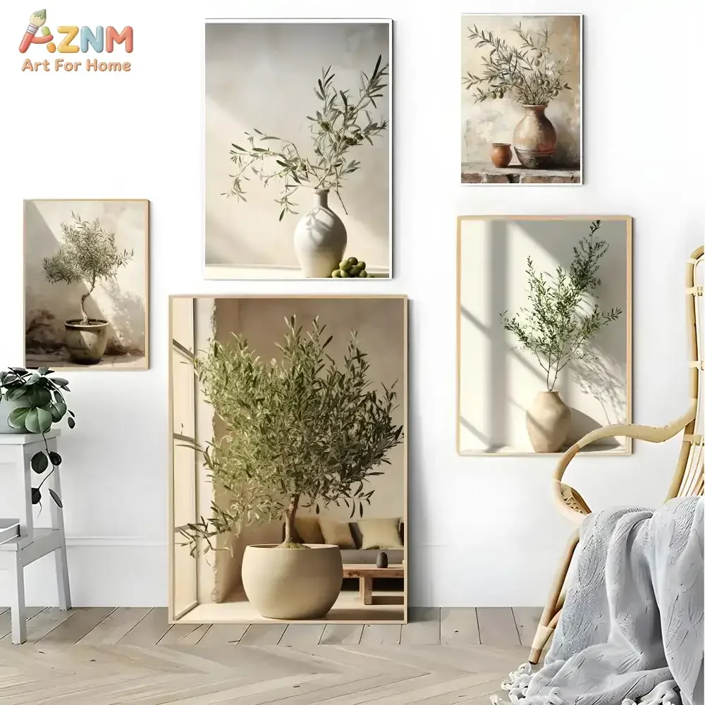 AZNM Neutral Olive Tree Canvas Wall Art, Wabi Sabi Terracotta Vase Olive Branch Print, Warm Beige Botanical Rustic Poster for Li
