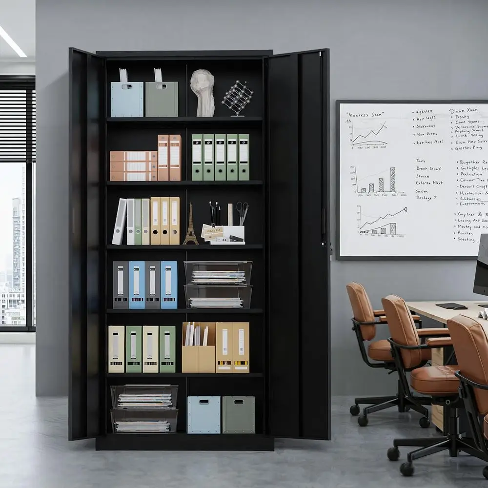 

Металлический гаражный шкаф для хранения с 2 дверцами и 5 регулируемыми полками, высокий стальной запираемый шкаф для документов (71 дюйм), запираемые шкафы для инструментов