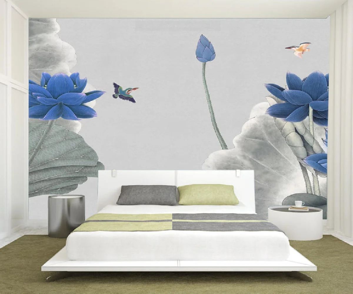 Custom size mural Chinese hand-painted lotus ink mural home decoration living room bedroom flower hanging painting 3d wallpaper