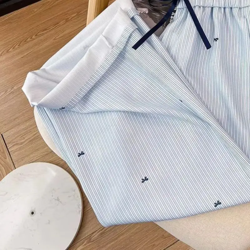 Women Pants Light Blue White Vertical Stripes Loose Straight Cut Long Trousers Bow Print Drawstring High Waist Wide Leg Pants Ca