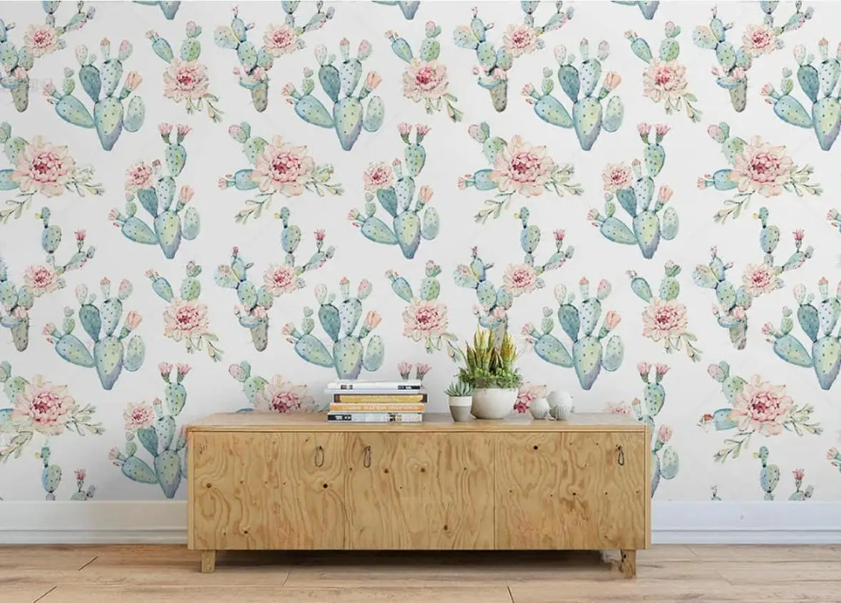 

Custom wallpaper watercolor Green plant cactus Nordic style TV background wall bedroom background walls 3d wallpaper