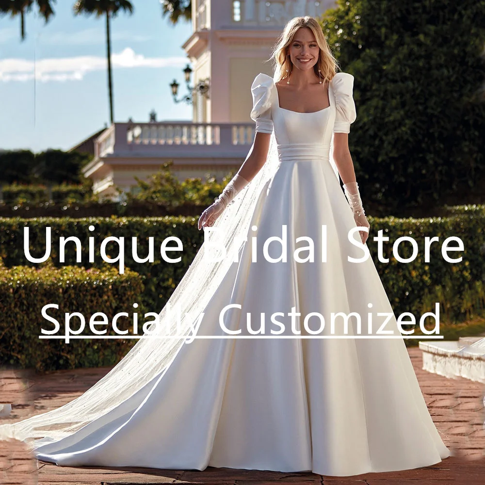 

Customized Satin Wedding Dress 2023 New Short Sleeve Backless Covered Button Square Neck Vintage Simple A-Line Court Train Vesti