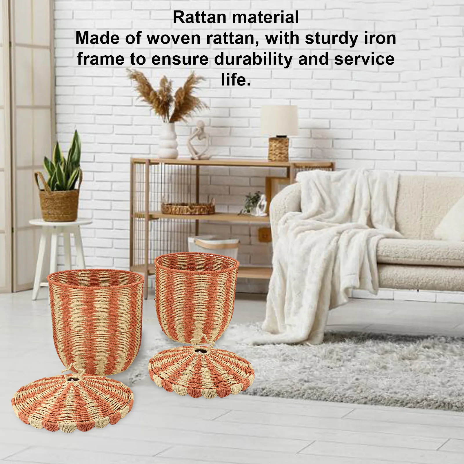 سلة التخزين المنسوجة مع غطاء المنسوجة يدويا عمر طويل سلة أرضية من الخيزران الأحمر خمر تنوعا للملابس بطانية اللعب وجبة خفيفة