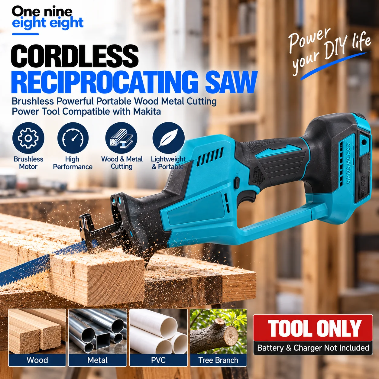 Cordless Reciprocating Saw Brushless Powerful Portable Wood Metal Cutting Power Tool Compatible with Makita