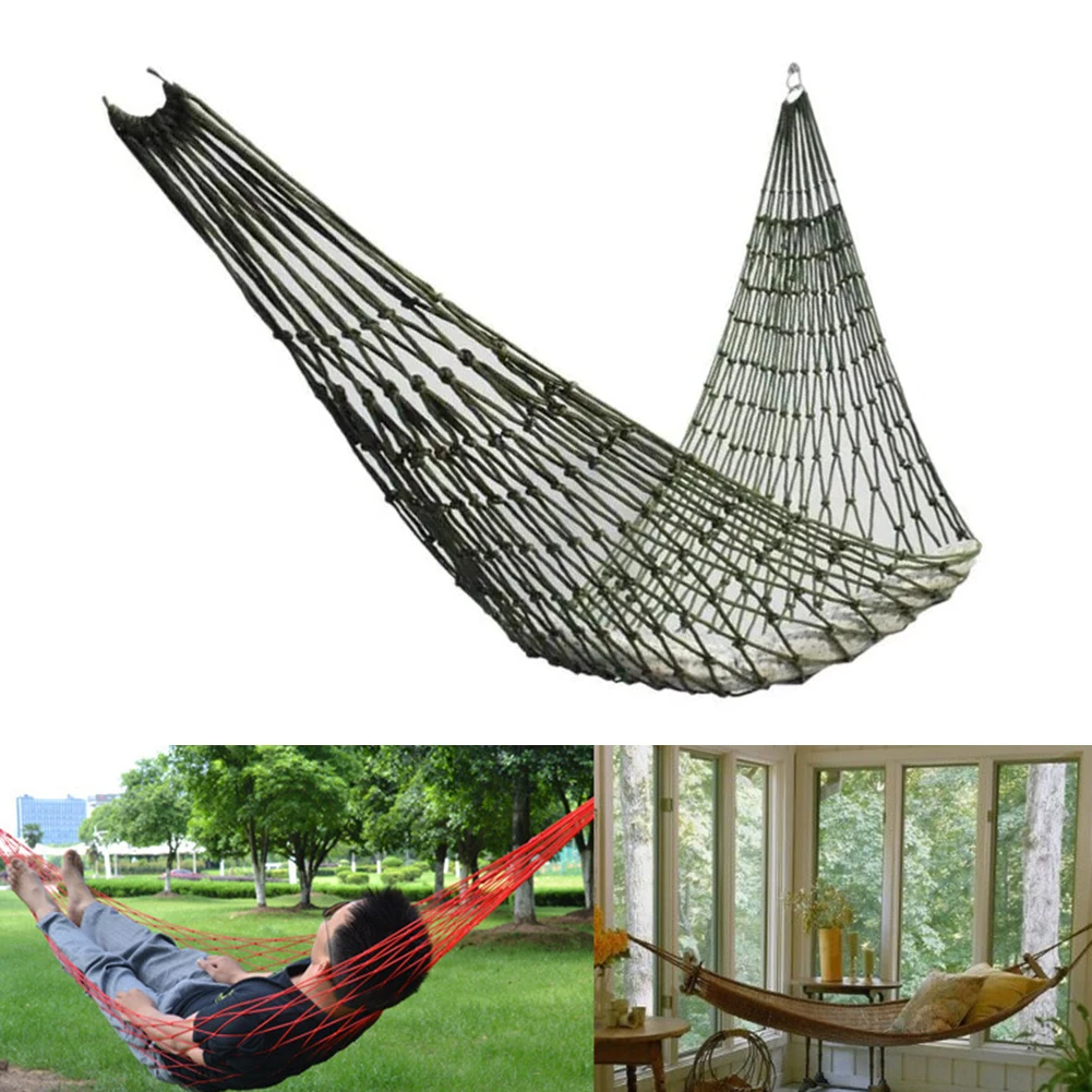 Ventilated hanging sleeping net designed for hot climates with moisture resistant nylon material and rust proof rope connectors