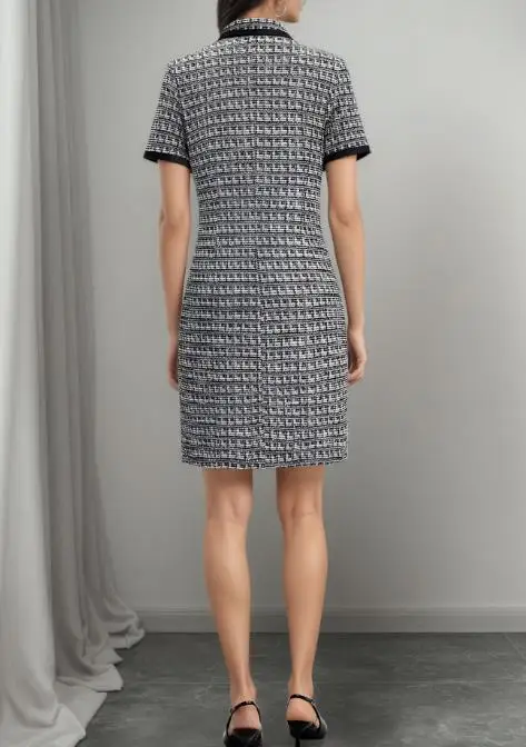 Letnia klasyczna sukienka we wzór szachownicy z żakardowej wełny, z kobiecią elegancją, unikalnym designem, łączona skórą, dopasowana sukienka.