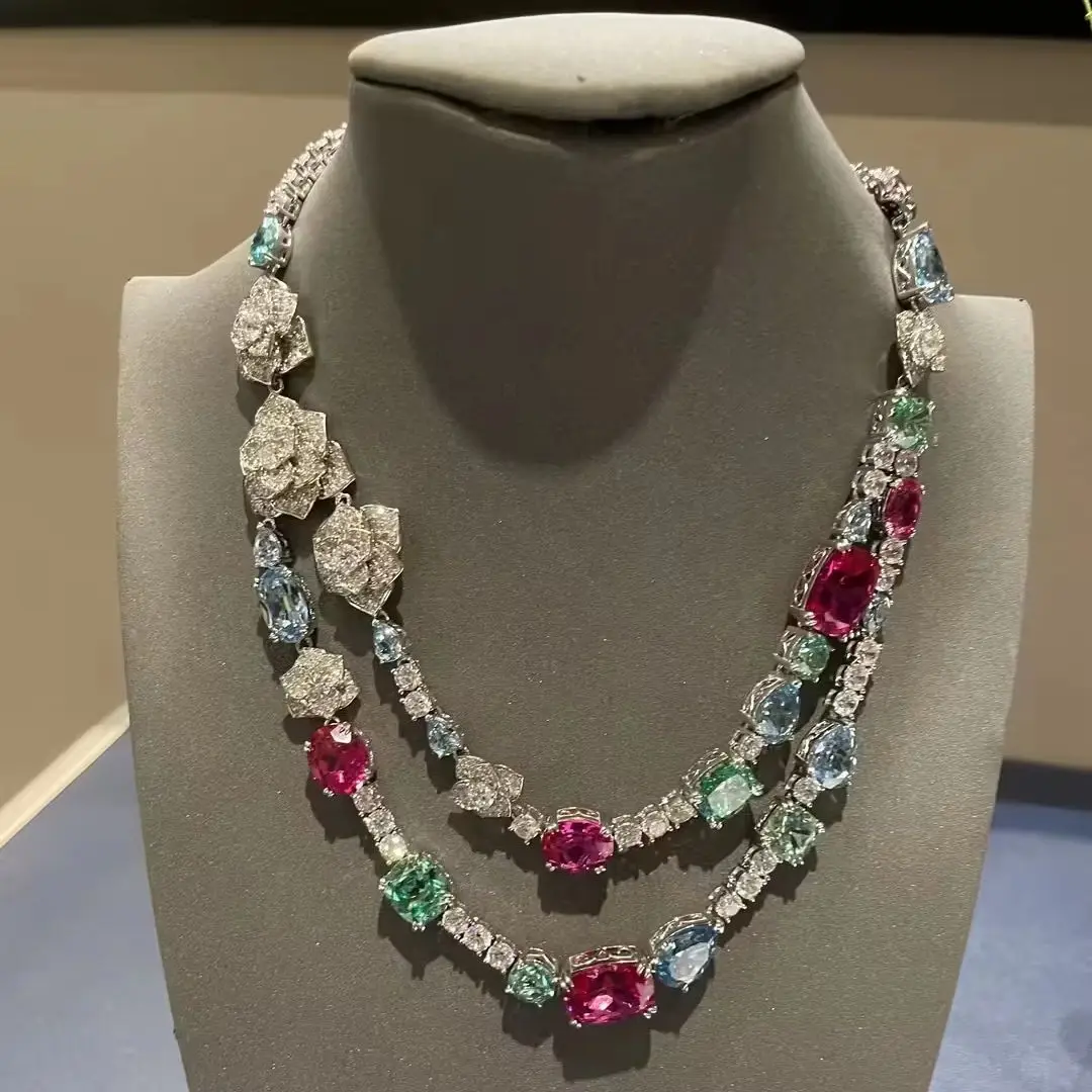 BELLUX Colored Pink Green Sapphire Luxury Necklace 925 Silver Synthetic Zircon Flower Double Layer Monet's Garden Necklace