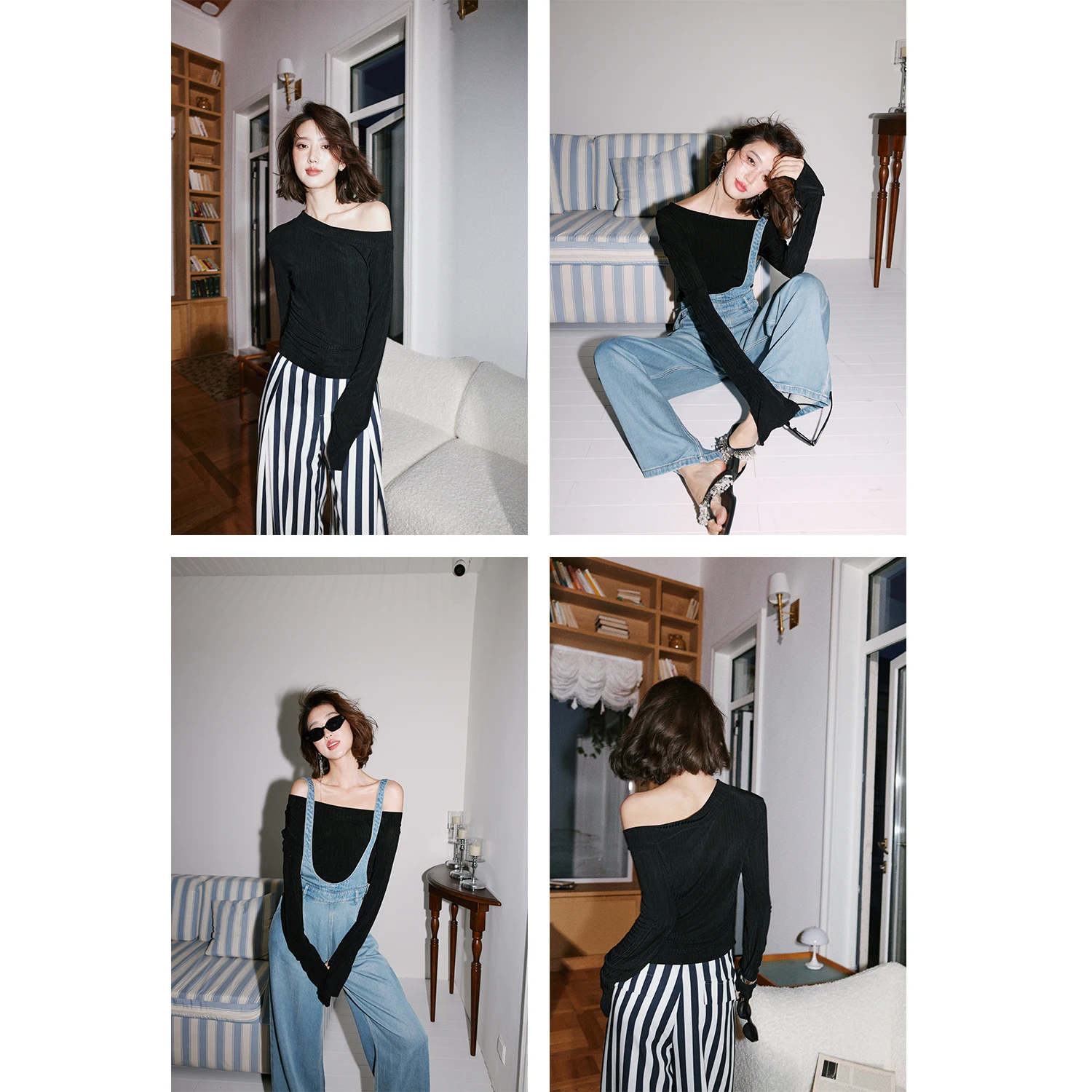 

Rosebanks Asymmetric Aesthetic Lazy Commute Bla Elastic Slim Fit oulder Baring Sun Protection Long Sve Tee Polyester S...