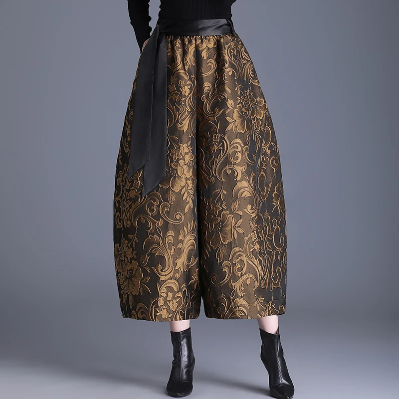 Women's Embroidered Fleece Wide Leg Pants Autumn Winter New Style plus Size Nine Point Lantern Pants Casual Boot Pants