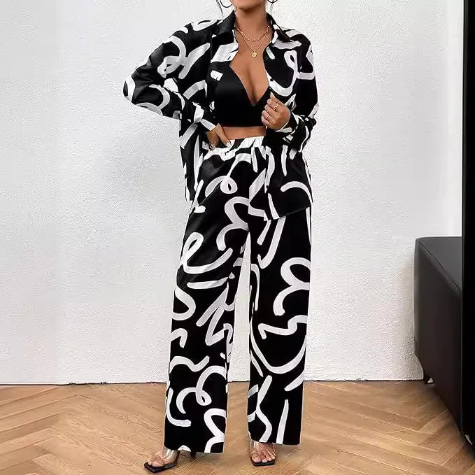 Women\'s Summer New Fashion Print Set Casual Button Up Shirt Long Sleeved Top Wide Leg Long Pants Women\'s Two Piece Set