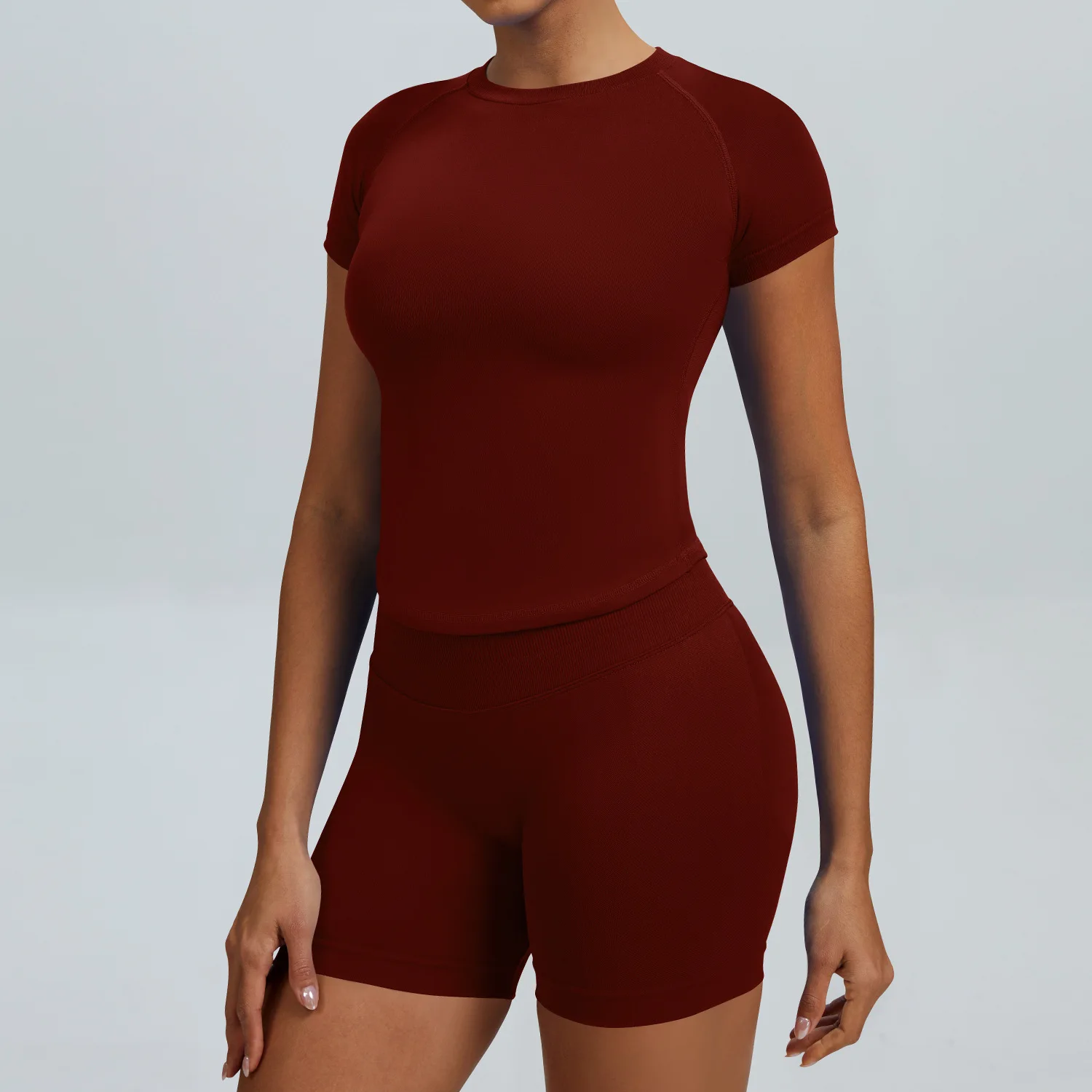 Nahtloses 2-Teiliges Sportset für Damen, Kurzarm-Oberteil, Hochtaillierte Shorts, Schnelltrocknend, Hochelastisch, Atmungsaktiv, für Yoga, Fitness und Workout – Detail 12