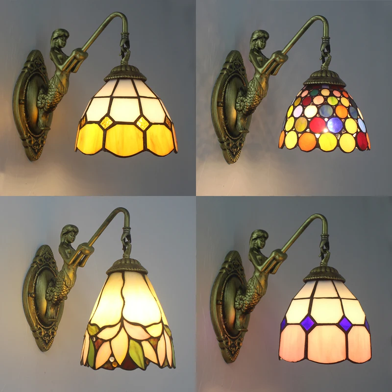 

Tiffany Stained Glass Wall Lamp for Bedroom Bedside Resin Mermaid Sconce Bathroom Living Room Decoration LED Wall Light Fixtures