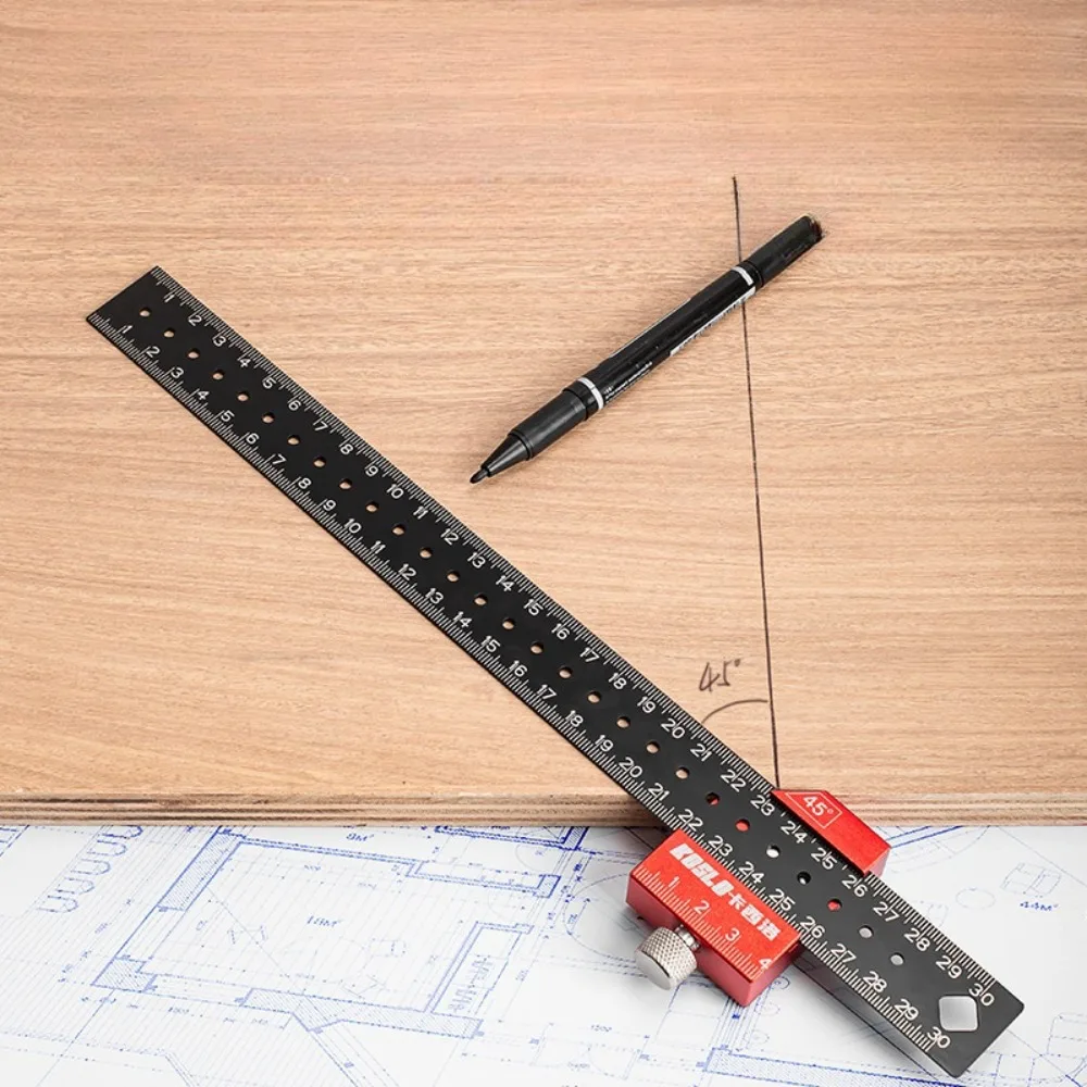 

Woodworking Metric Measuring Ruler with Slide Stop Marking, 45/90 Degree Scribe Limit Ruler Adjustable Sliding Ruler
