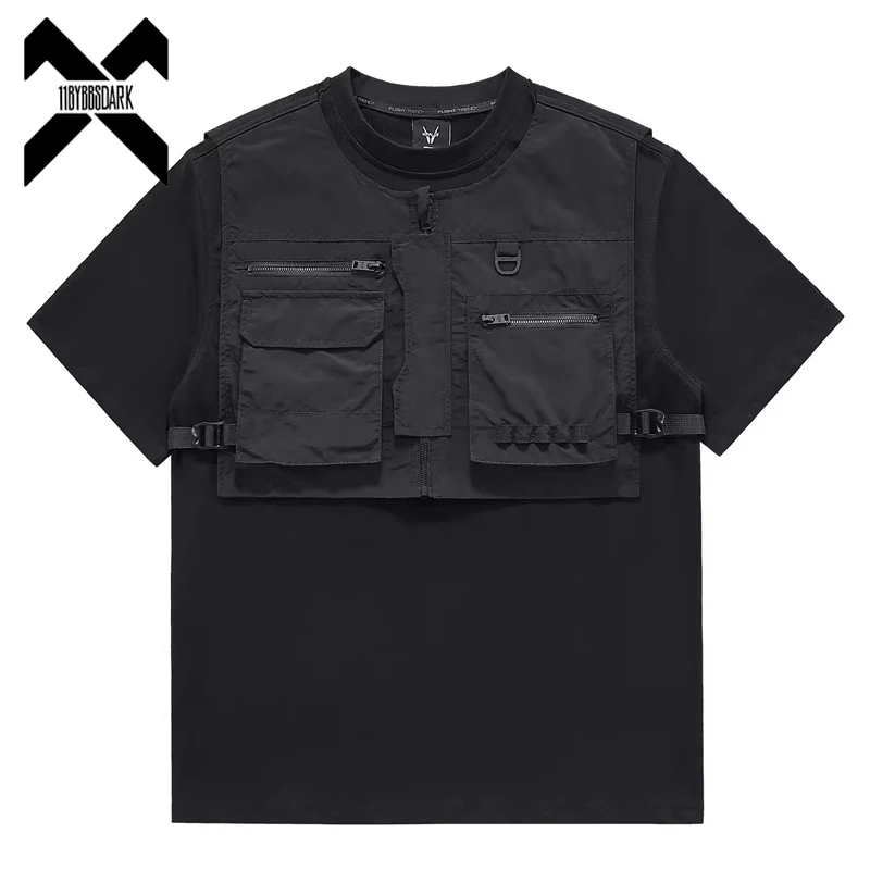 

2024 Summer Tactical T-Shirt Mens Functional Techwear Patchwork Short Sleeved T-shirt Streetwear Tshirt Black Tees Tops