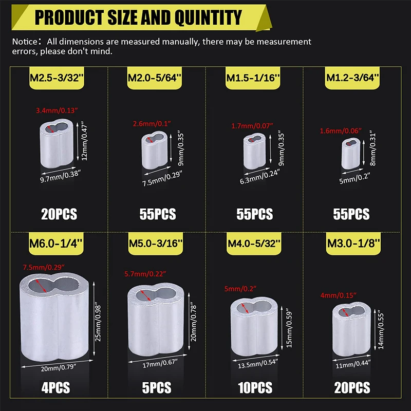 224PCS 8 Sizes Aluminum Crimping Loop Sleeve M1.2-M6(3/64''-1/4'') Wire Rope Sleeve Cable Crimp Ferrules for Wire Rope