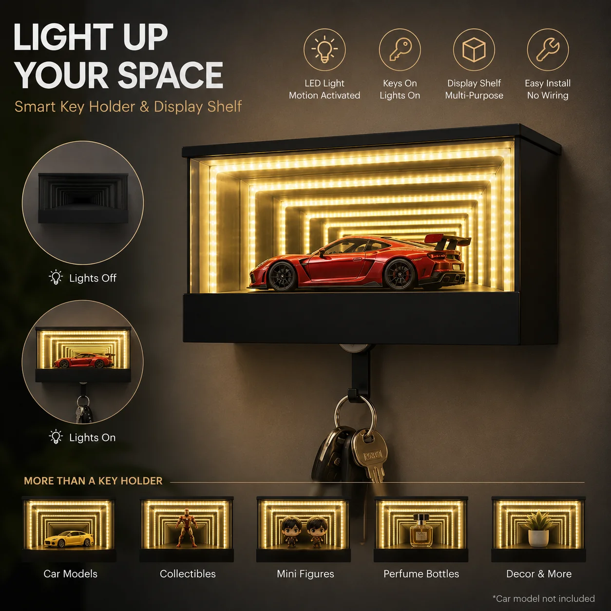 Infinity Mirror Wall Key Holder with Motion Sensor LED Light, Multi‑Purpose Wall Mounted Display Shelf for Car Model Mini Figure