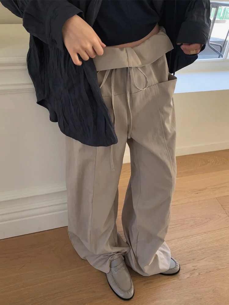 Korean Style High Waist Straight Leg Casual Pants Drawstring Foldover  Versatile Comfortable Ladies Polyester Fiber